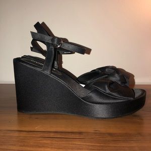 Black satin wedge heel sandals